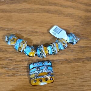 Handcrafted Turquoise & Mustard Glass Bead Necklace Pendant